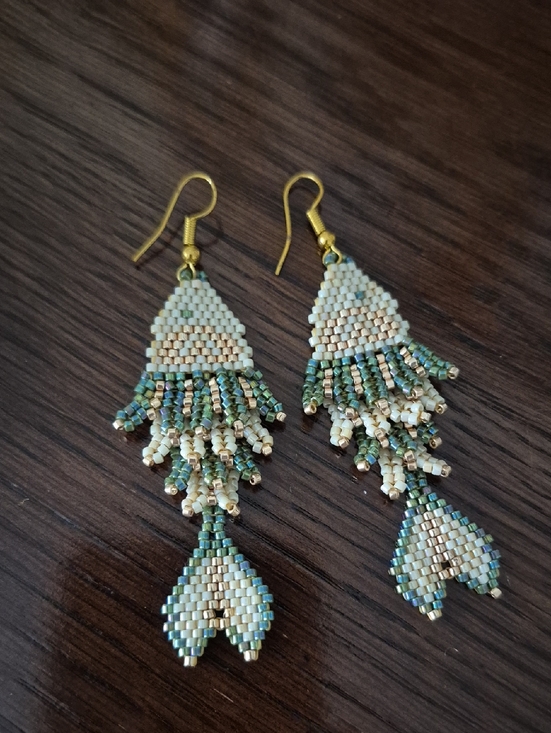Jewelry - Handmade Green and Cream Seed Bead Fringe Earrings